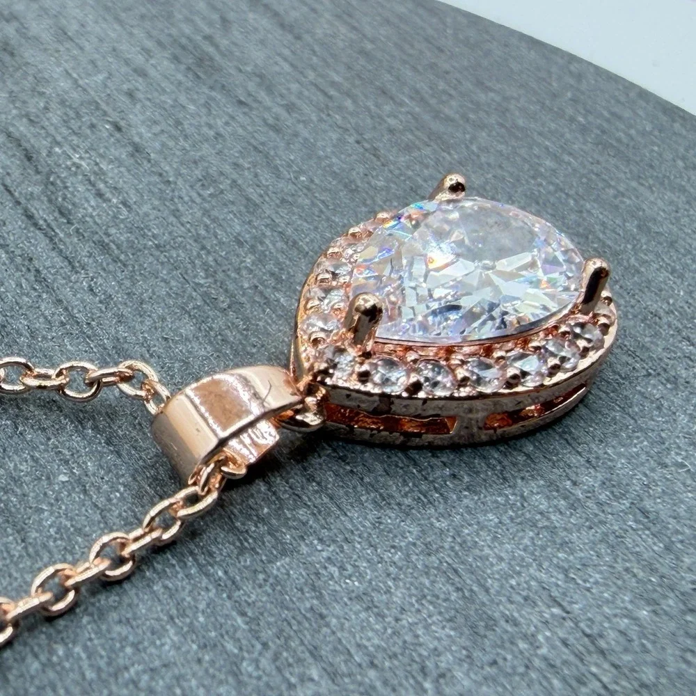 Rose Gold Tone Pear Cut CZ Halo Pendant Necklace Clear Crystal Bridal Jewelry